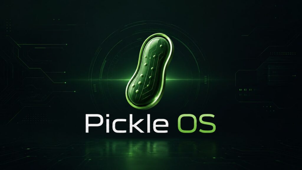 Pickle OS logo on a dark green circuit-board background